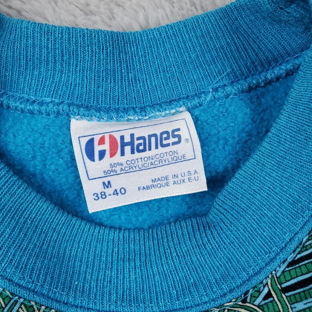 Hanes Sweatshirt Womens M Vintage 80s Butterfly Tropical Graphic Blend Teal Blue
